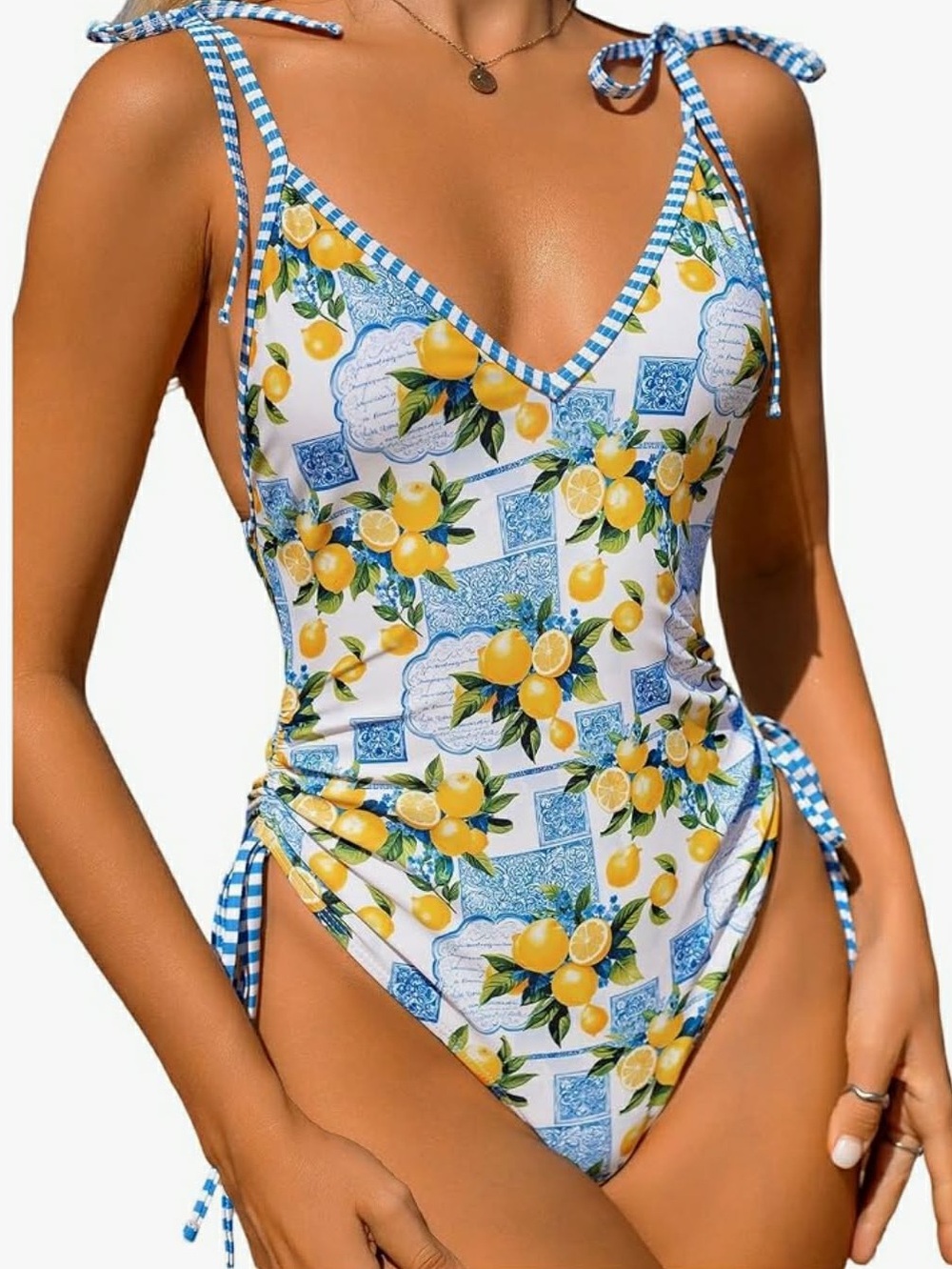 Lemon Print Tie-Shoulder One-Piece Swimsuit - White & Yellow size Small